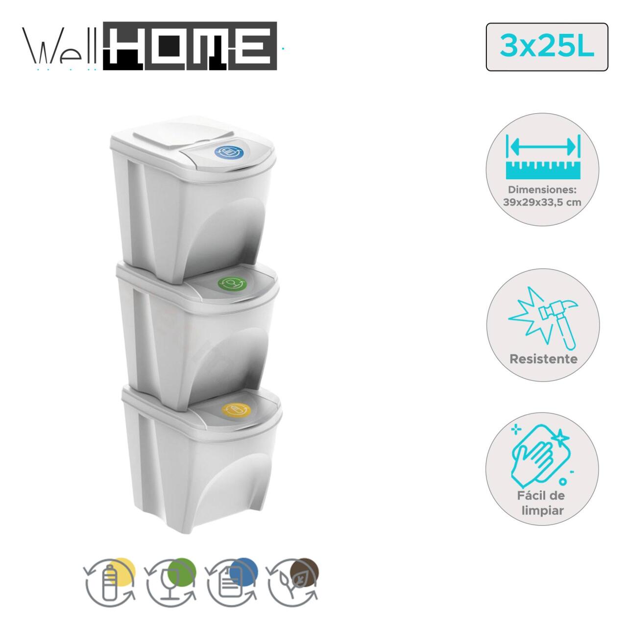 Set de 3 Cubos de Reciclaje de 25 L/unidad - WellHome