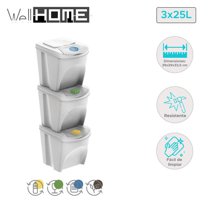 Set de 3 Cubos de Reciclaje de 25 L/unidad - WellHome