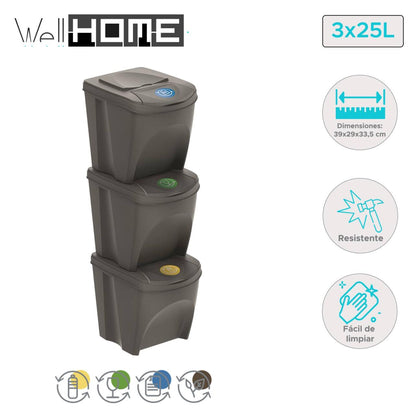 Set de 3 Cubos de Reciclaje de 25 L/unidad - WellHome